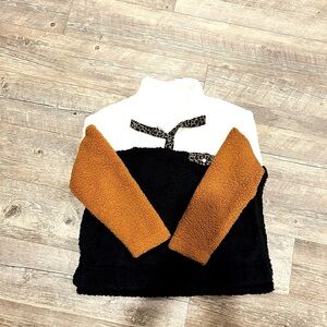 Colorblock Sherpa Pullover Fleece Black Cream Rust Half Snap Cozy Sweater